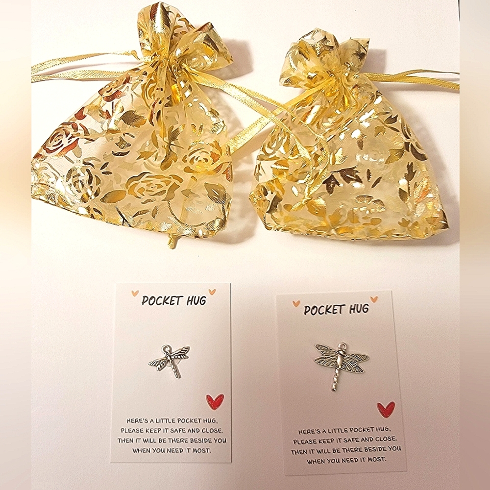 💚 (2) New DRAGONFLY Charm Pocket Hugs + (2) New Organza Jewelry Pouches